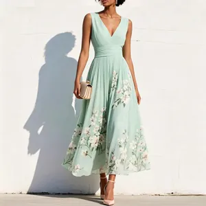 Robe Longue pour Femmes Sans Manches Col en V Imprimé Floral Plissé Élégant Ligne A Robe d'Été pour Plage Vacances Soirée