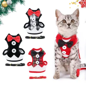Elegant Christmas cat tuxedo harness and leash set with breathable mesh and cute bowtie