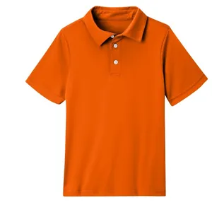 Detailed front view of bright orange kids short sleeve solid color polo shirt