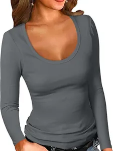 T-Shirt da Donna Casual in Maglia a Costine a Maniche Lunghe Slim Fit con Scollo Rotondo Top in Viscosa