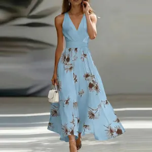 Elegant light blue floral print maxi dress with V-neckline and sleeveless design for summer.