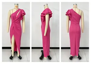 Detailed view of pink one-shoulder dress with ruffle sleeves and thigh slit from three angles
