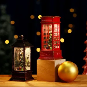 Luminous Christmas telephone booth and lantern desktop ornaments with warm LED light.