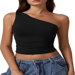 Sexy, schlankes, einseitig schulterfreies schwarzes bauchfreies Top für Damen, Sommer