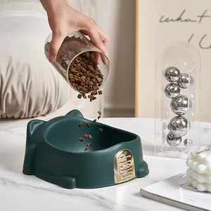 Luxury dark green fortune cat themed pet bowl with an ergonomic tilted anti-slip base