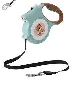 Side view of blue automatic retractable dog leash showing LED light and clip