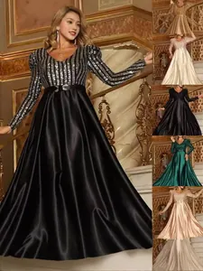 Women Deep V-Neck Sequin Evening Gown Long Princess Sleeve Trailing Satin Large Swing Banquet Party Elegant Maxi Dress