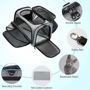 Detail view of breathable mesh and safety buckle on expandable pet carrier