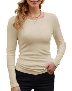 Detail view of slim fit women's ribbed long sleeve T-shirt in beige textured cotton blend