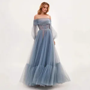 Elegant light blue off-the-shoulder tulle maxi gown with long sleeves for formal events.