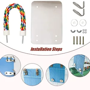 Parrot bird cage mirror perch toy set with installation steps and hardware