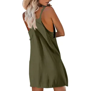 Back view of army green casual sleeveless strap dress for women in summer style