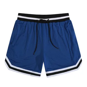 Blue mesh men's sports shorts with lining and striped elastic waistband detail view