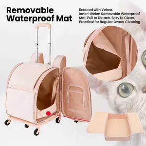 Multifunctional pink waterproof Oxford cloth pet trolley backpack for cats with removable mat