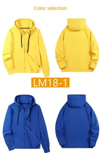 Detailed view of men's polar fleece zip-up hoodies in yellow and blue front and back.