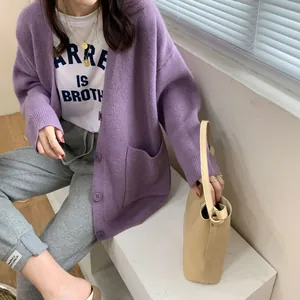 Detailed view of a loose purple knit cardigan with front pockets in a cozy casual style