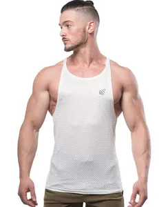 Close-up of a white breathable mesh quick-dry fitness tank top on a muscular male model