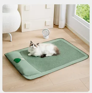 Λεπτομέρεια γάτας σε πράσινο δροσερό χαλάκι κατοικιδίων με υφαντή υφή άχυρου