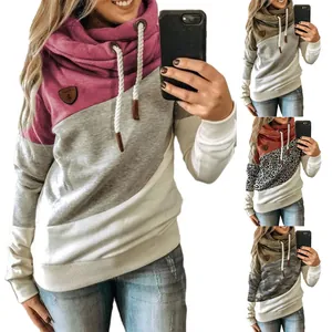 Women Casual Color-block Cowl Neck Sweatshirt Long Sleeve Patchwork Hoodie Loose Fit Fleece Hooded Pullover Top For Autumn Winter
