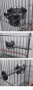 Detailansicht eines Papageiennapfes aus Edelstahl mit einer strukturierten Metallsitzstange