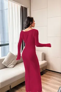 Sexy long-sleeved backless beach cover-up dress in deep burgundy, detailed back view style.