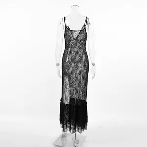 Elegant sexy black transparent lace slip long dress with V-neck and ruffled hemline