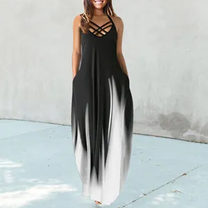 Casual sleeveless maxi dress with black and white gradient brushstroke pattern and crisscross straps