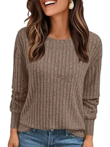 Maglia casual da donna a maniche lunghe con scollo rotondo in maglia a coste marrone caffè