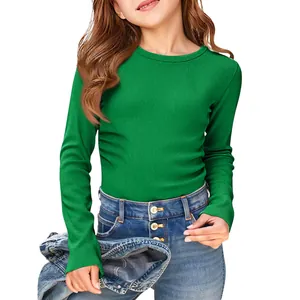 Detailed view of girls' green ribbed long-sleeve T-shirt with crew neck