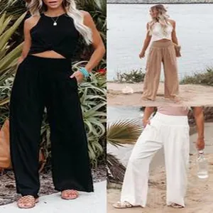 Detailansicht von Damen-Hose mit weitem Bein in Schwarz, Khaki und Weiß
