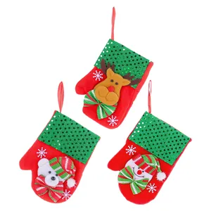 Set of 3 Christmas themed glove candy bags with reindeer snowman and bear motifs