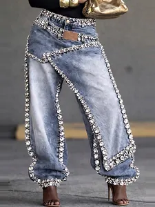 Chic deconstructed denim jeans for women with sparkling rhinestone trim and layered design