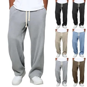 Pantalon de Jogging en Maille Gauffrée pour Hommes Coupe Ample Jambe Droite Large Cordon de Serrage Pantalon de Sport Automne Printemps