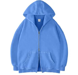 Vintage blauwe zware katoenen hoodie met dubbele rits en kangoeroezakken