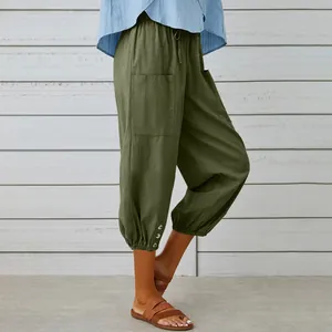Casual army green cropped cotton linen pants with side pocket and button hem detail