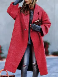 Women's long red oversized wool coat for autumn and winter casual street style