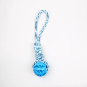 Close-up of blue rubber dog chew ball toy with durable braided rope handle for dental care