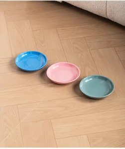 Trois bols pour animaux en céramique de 6 pouces en bleu rose et vert au sol