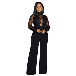 Elegante mono de lentejuelas negras para mujer con cuello alto y diseño de pierna ancha
