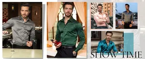 Gedetailleerde collage van slim fit satijnen zakelijke herenoverhemden in diverse kleuren