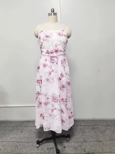 Elegant white chiffon camisole dress with pink rose floral print for summer style