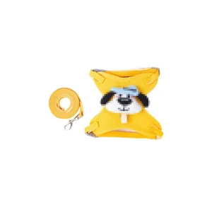Bright yellow cartoon dog harness and leash set for small dogs such as Teddy or Bichon