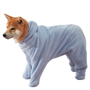 Full-wrap thickened absorbent light blue pet bathrobe for dogs and cats in a cozy waffle texture