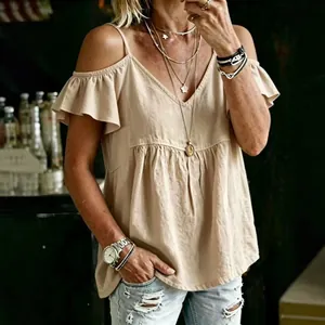 Casual beige cold shoulder top featuring ruffle sleeves and a stylish V-neckline detail