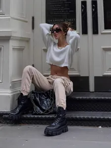 Sexy white cropped knit sweater for women with long sleeves and hollow texture