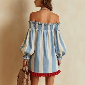 Stylish off-the-shoulder blue and white striped dress with puff sleeves and red ruffled hem