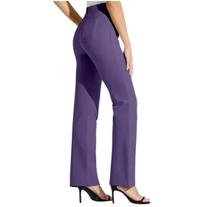 Back view of women's purple straight-leg office pants with elastic waist and pockets