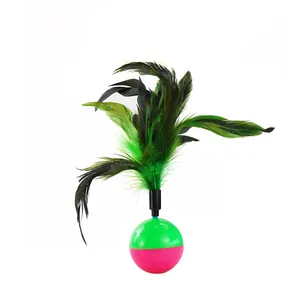 Interactive cat feather tumbler toy with green and pink ball base for indoor play.