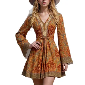 Robe courte trapèze bohème vintage à col en V et manches longues pour femme avec imprimé