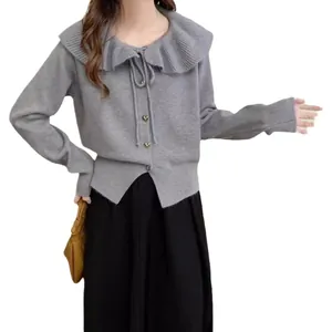 Elegant Korean style gray knit cardigan featuring a ruffled doll collar and cute heart buttons
